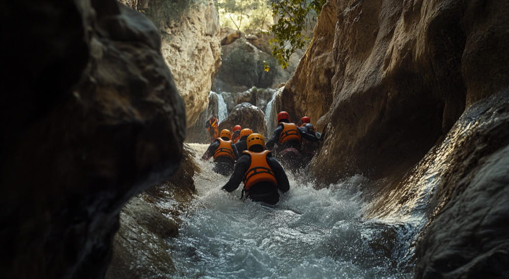 A guided canyoning group wading through whitewater in a gorge