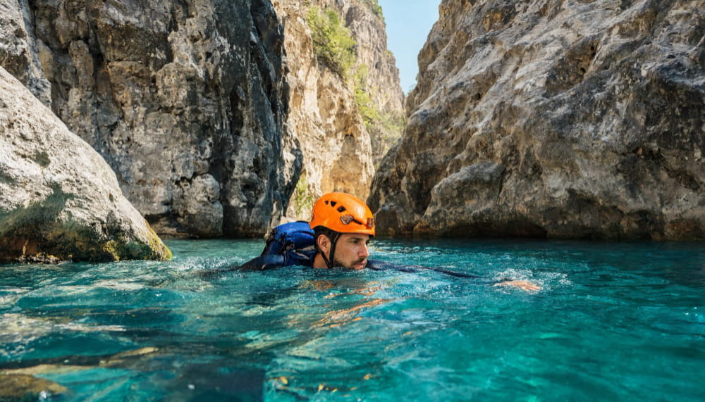 A canyoner swimming through a deep turquoise pool between canyon walls